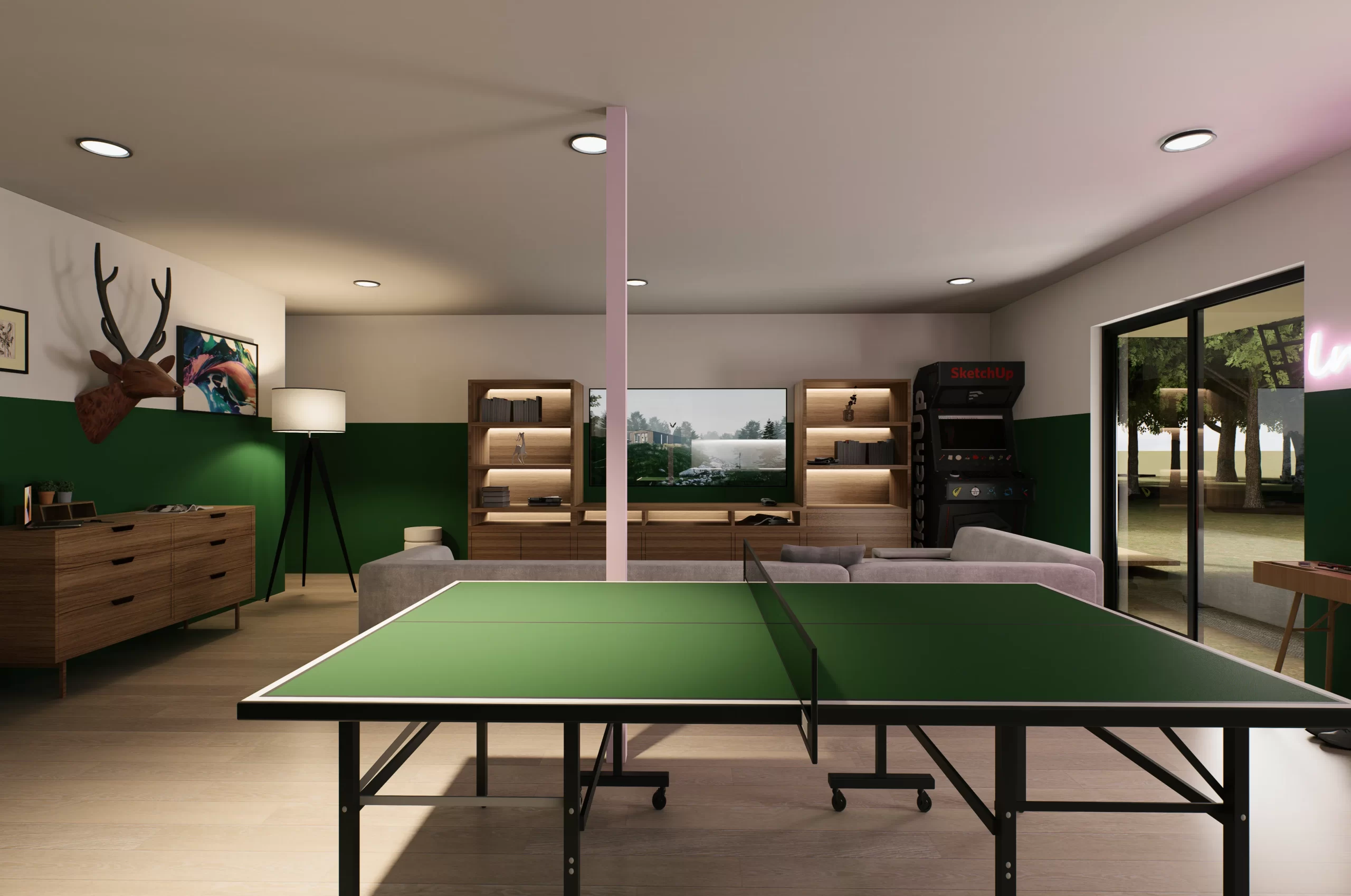 Finished basement recreation room with ping pong table and entertainment center