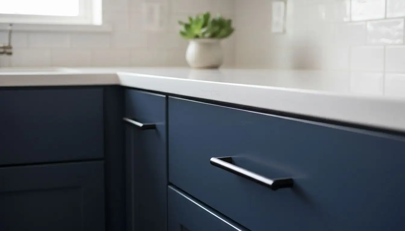 Modern kitchen remodel: navy cabinets, quartz, matte black hardware.